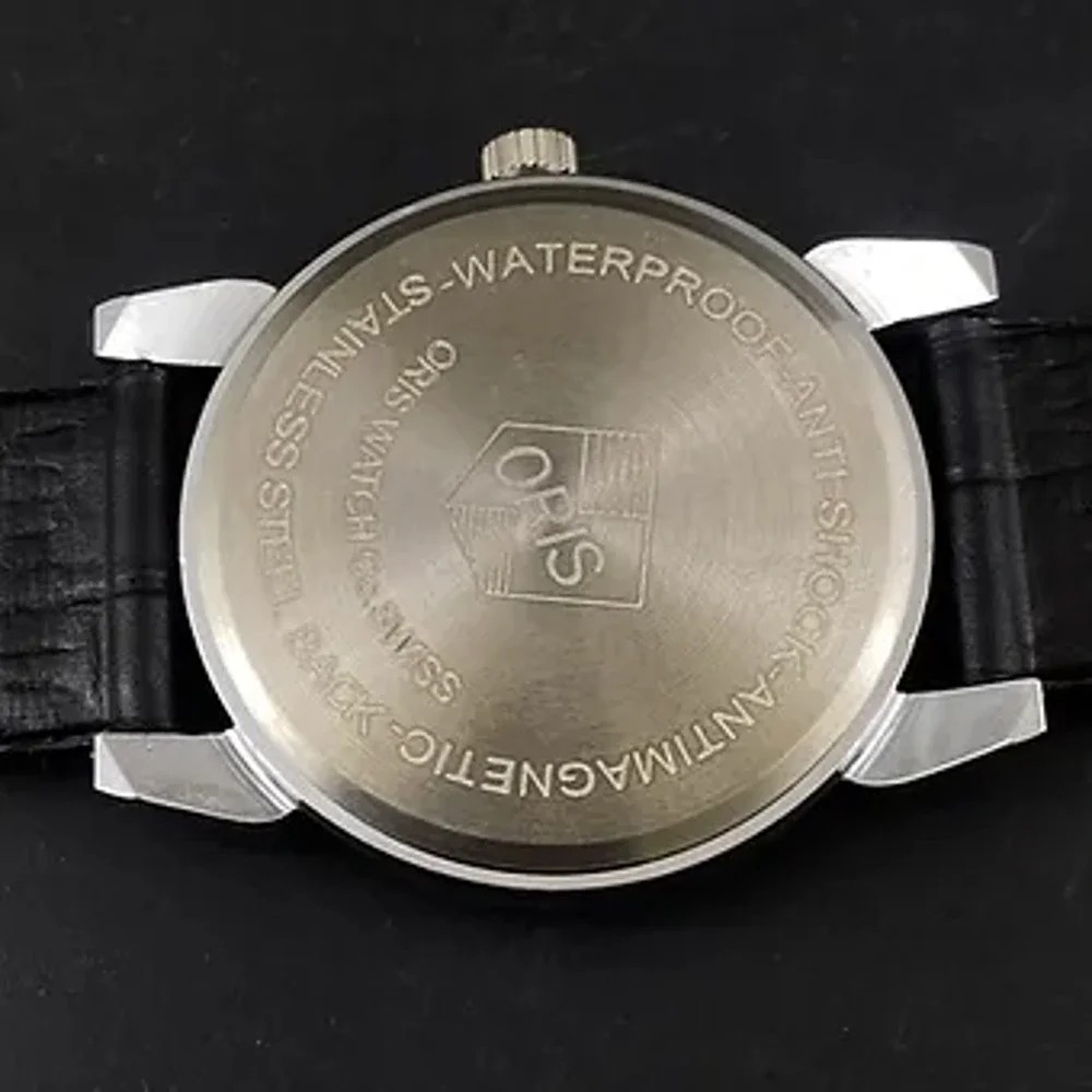 Vintage 1973 Oris Manual Mens Silver Watch W/Leather Strap & Gold accents